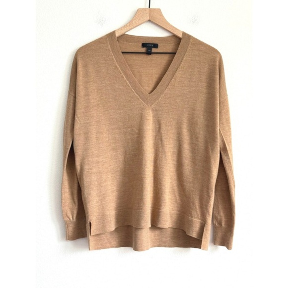 J. Crew V-Neck Sweater Tan Merino Wool Minimalist Relaxed Fit Pullover Capsule